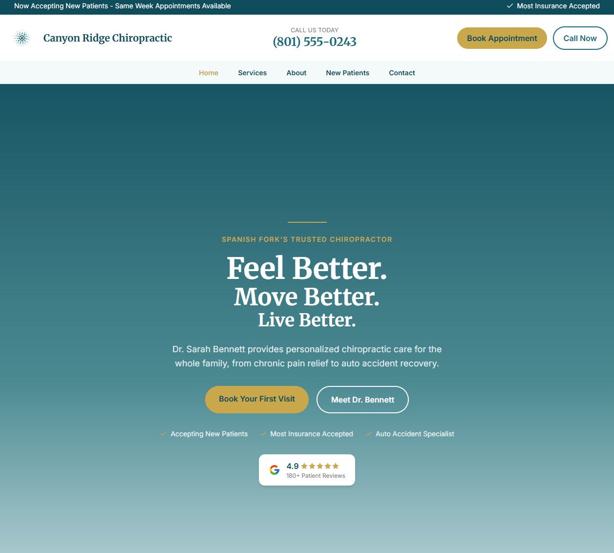 Homepage of Canyon Ridge Chiropractic demo website