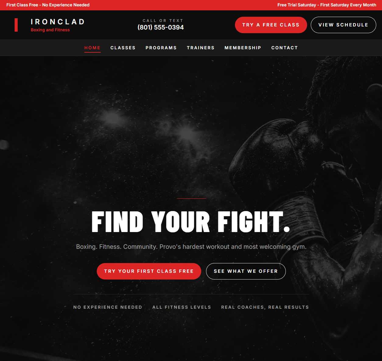 Homepage of Ironclad Boxing and Fitness demo website