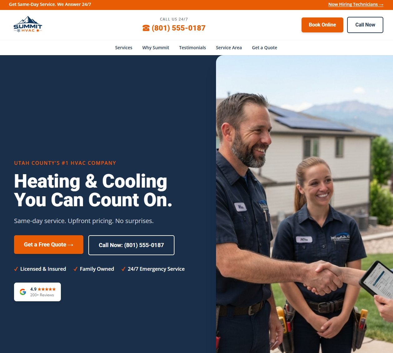 Homepage of Summit HVAC demo website